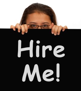 Hire Me Sign With Woman Showing Job Seek